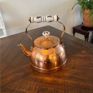 Copper Tea Kettle with Blue and White Ceramic Handle